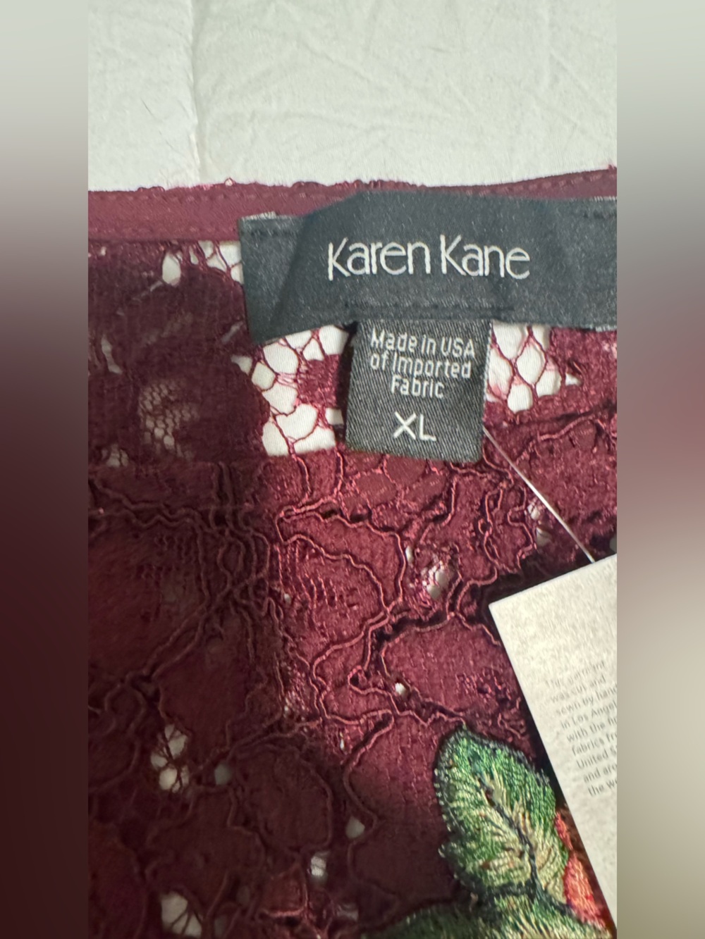 Karen Kane Burgundy Lace with Floral Embroidery Embellished Bell Sleeve Lace Top - Picture 12 of 16